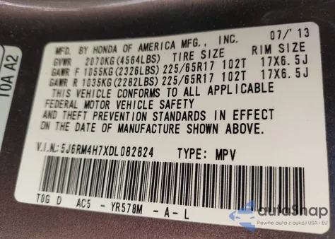 2013 Honda Cr-V Ex-L z USA, uszkodzony, nr VIN 5J6RM4H7XDL082824